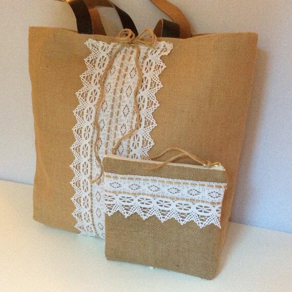 Jute and cotton Lace tote bag genuine leather staps handmade Etsy