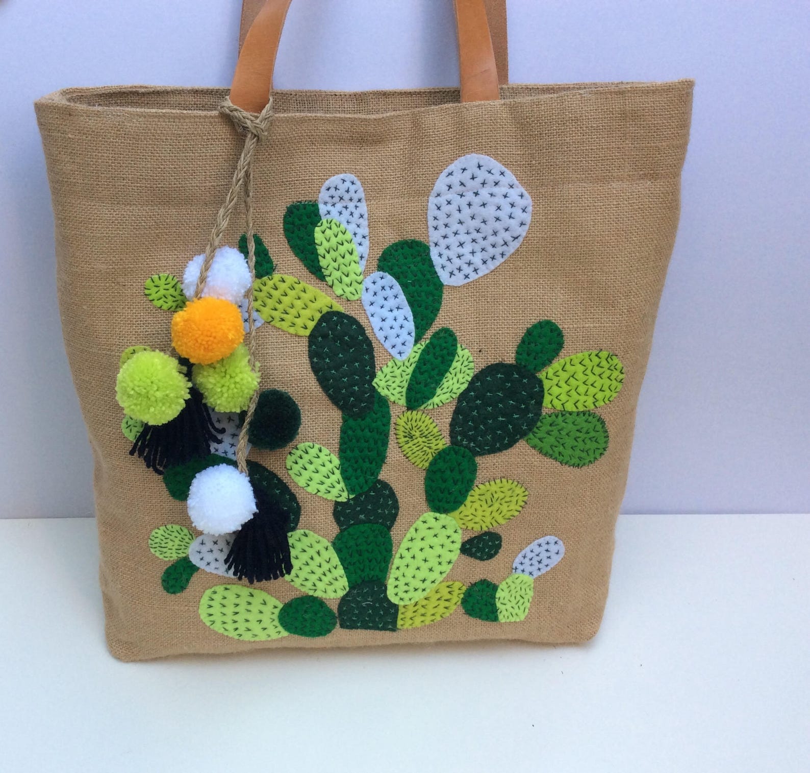 LUCIA Cactus Summer Tote Bag Hand Embroidered Jute Bohemian | Etsy