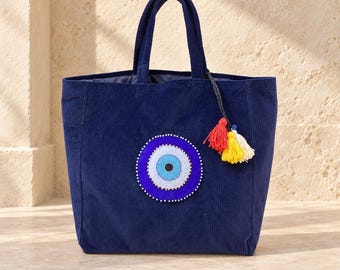 Hand Embroidered Evil Eye Tote, Oversized Navy Corduroy Textile Art Bag, OOAK