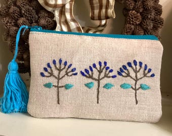 Floral Embroidered Linen Pouch: Handmade Accessories Case