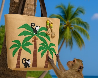 Handmade Embroidered Jute Tote Bag: Coconut Tree & Monkeys