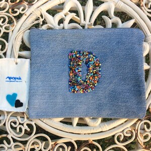 Denim pouch handmade, hand embroidered with wild flowers, carryall pouch, accessories pouch, recycle, preserve, reserve, zero waste
