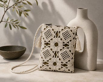 Ivory Crochet Lace Crossbody Bag, OOAK Textile Art Pouch, Romantic Folk Purse