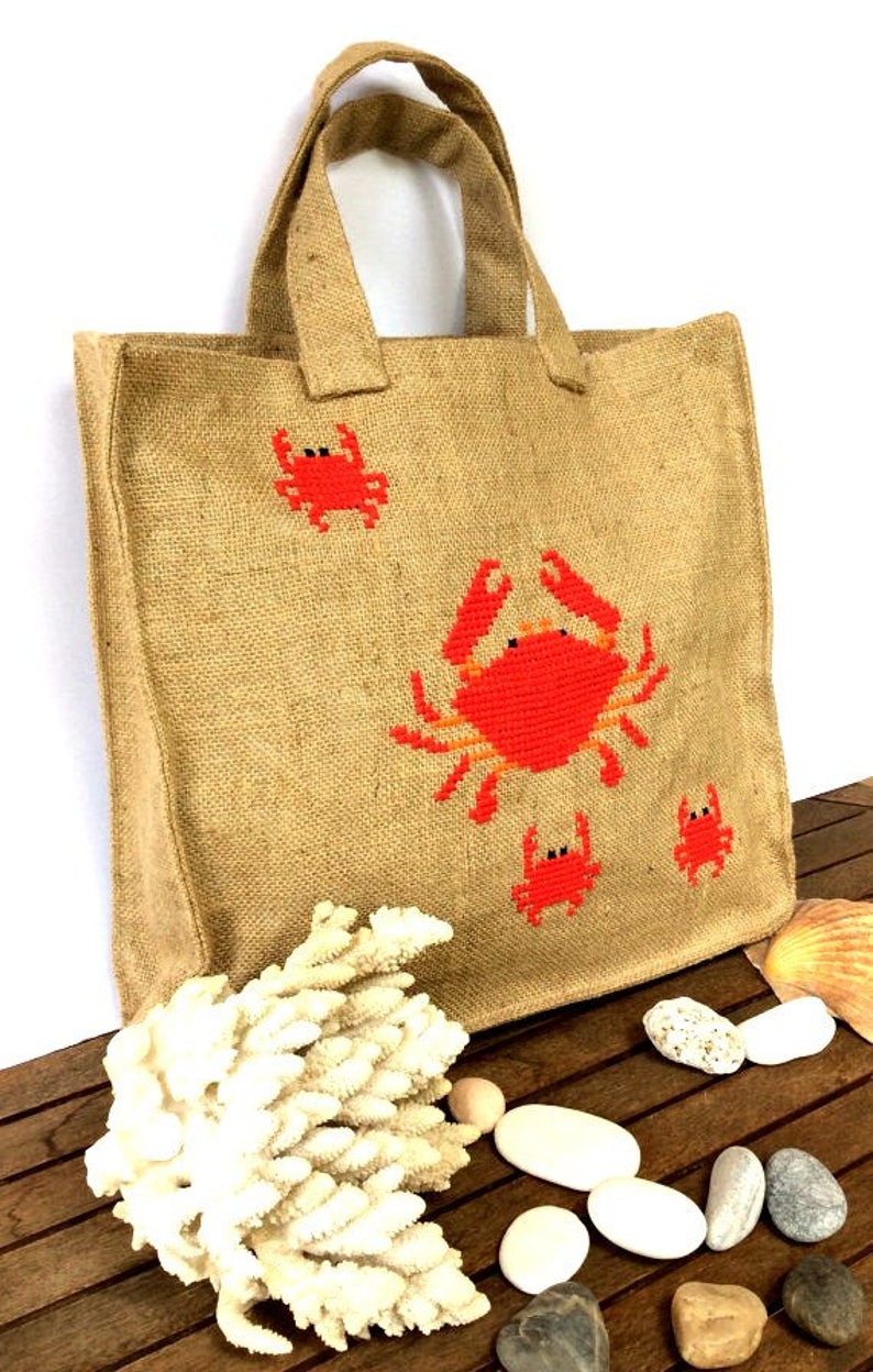 Summer jute tote bag handmade handmade tote bag Casual Tote Bag cross stitched red crabs beach tote bag