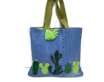 Colorful Cactus Denim Tote Bag/modern denim bag/Hand Appliquéd/ Hand Embroidered/Handmade/recycled, zero waste