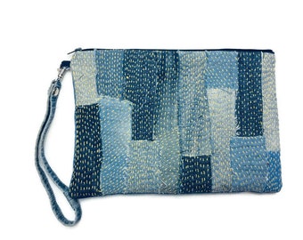 Denim Pouch Handmade with Recycled Jeans - BORO SASHIKO Patchwork,  wristlet patchwork pouch, Zero waste, Christmas gift