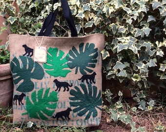 Jute tote bag hand applique depicting jungle leaves and animals, repurposed jute bags, boho style, shoppers, zero waste