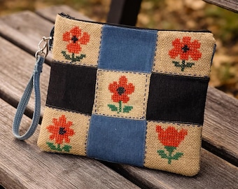 Handmade Burlap Wristlet Clutch – Embroidered poppies, Denim Strap, artisan gift