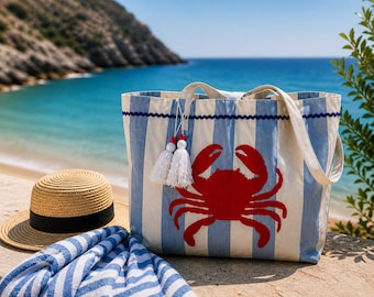 Handmade Striped Cotton Tote Bag with Embroidered Crab, Coastal Beach Bag