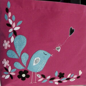 Pink canvas tote bag, handcrafted, artisan, hand appliqued little blue bird, stylish shoppers, carryall, unique image 2