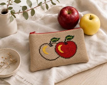 Hand Embroidered Apple Zipper Pouch | Cottagecore purse, Rustic Apple Clutch | Cross Stitch jute Cosmetic Bag | Teacher Gift