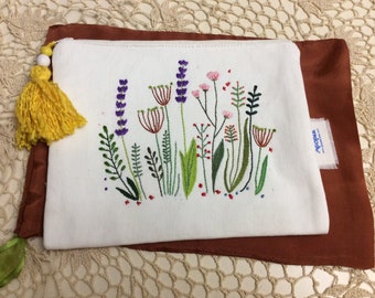 Cotton pouch bag , hand embroidered with colorful wild flowers, handmade, carryall accessories, mothers day gift, ready to ship, DANAE