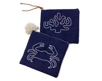 Blue jute pouch bag, hand  embroidered crab and coraline, accessories pouch, handmade, summer accessories, travel accessory