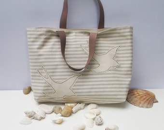 Seagull summer cotton canvas tote bag, handmade, organic natural color,shoppers, beach bag,