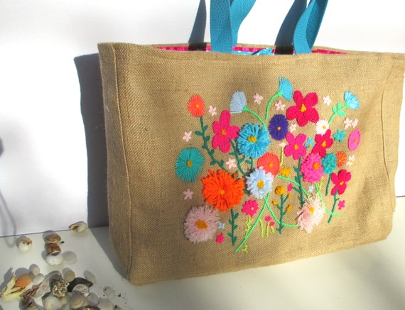 Summer flowers jute tote bag hand embroidered bag summer | Etsy