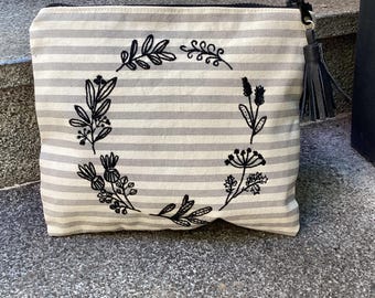Hand Embroidered Canvas Pouch: Striped Clutch Bag with Tassel