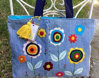 Colorful floral Denim Tote Bag/modern jean bag/Hand Appliquéd/ Hand Embroidered/Handmade, recycled, zero waste