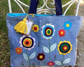 Colorful floral Denim Tote Bag/modern jean bag/Hand Appliquéd/ Hand Embroidered/Handmade, recycled, zero waste