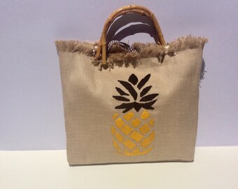 Pineapple straw jute bag with bamboo handles, handmade,summer bag, hand embroidered, spacious, eco friendly, zero waste, ANARA