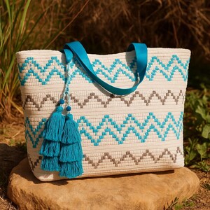 Handwoven Boho Tote Bag: Turquoise Geometric Embroidered Beach Bag