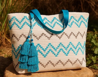 Handwoven Boho Tote Bag: Turquoise Geometric Embroidered Beach Bag