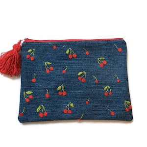 Cherries Denim pouch,makeup bag, artisan, handmade,toiletry,cosmetic organizer, hand embroidered, reused denim, trendy,affordable