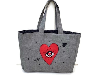 Cotton gray fabric Shoppers bag, handmade, hand embroidered at both sides with red heart and LIFE IS FUN wording, mothers day gift