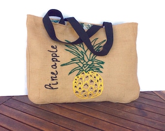 Pineapple jute tote bag, hand embroidered summer tote bag/beach/shoppers, carry all