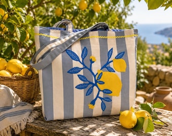 Handmade Striped Cotton Tote Bag with Embroidered Crab, Coastal Beach Bag