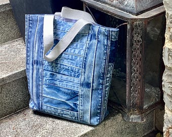 Upcycled Denim Tote Bag: Handmade Patchwork Sashiko, Leather Straps