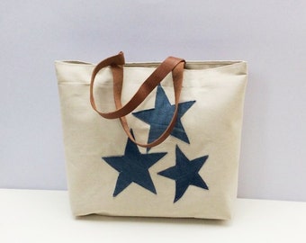 One of a Kind Oversized Cotton Tote Bag, Denim Star Appliqued, leather Straps, stylish Shoppers Bag STELLALUNA