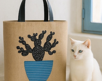 Handmade Cactus Jute Beach Bag: Embroidered Applique Tote