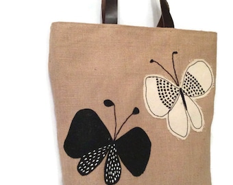 Butterfly jute handbag, boho chic, handmade, hand appliqued, leather straps, one off, elegant shoppers bag, eco friendly, moms gift