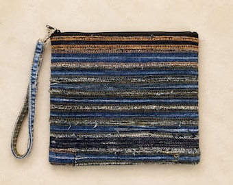 Upcycled Denim Wristlet pouch, Raw-edge Textile Art Clutch, one of a kind
