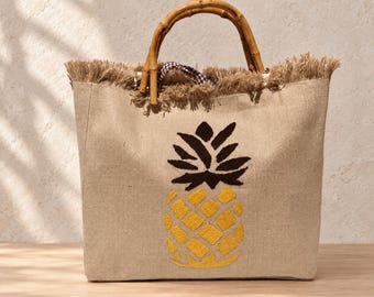 Hand Embroidered Pineapple Jute Tote Bag, Bamboo Handles, OOAK Textile Art
