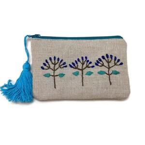 Floral Linen pouch bag, hand embroidered flowers, slim shape, One of a kind handmade pouch, accessories case