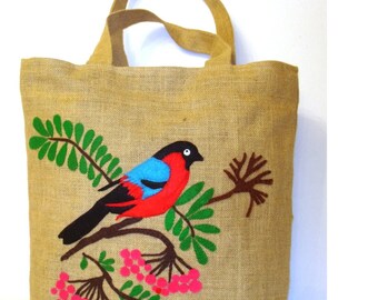 Handmade Jute Tote bag, hand appliqued/embroidered in detail Cardinal on cherry tree, shoppers/summer/carryall bag, bird lovers gift