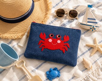 RESERVED -Denim Crab Pouch | Coastal Zipper Bag | Cute Beach Makeup Bag | Handmade Crab Applique Pouch | Summer Travel Cosmetic Case