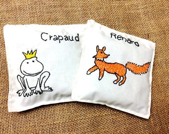 Lavender sachet gift set with natural organic lavender buds, hand embroidered French words, ANIMAUX
