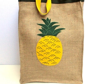 Pineapple Burlap Tote Bag: Hand-Embroidered Jute Market Bag