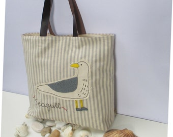 Cotton canvas tote bag, appliqued with seagull, handmade, hand embroidered, coastal bag, summer bag