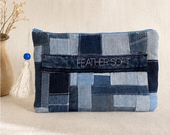 Upcycled Denim Patchwork Pouch, Handmade Boro Style Clutch, Recycled Jean Zipper Bag, One of a Kind