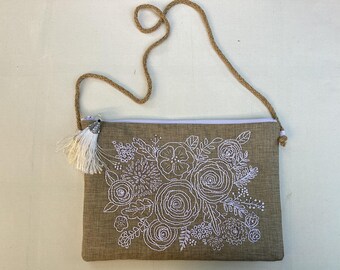 Hand Embroidered Linen Crossbody Bag, White Floral Botanical Purse, One of a Kind