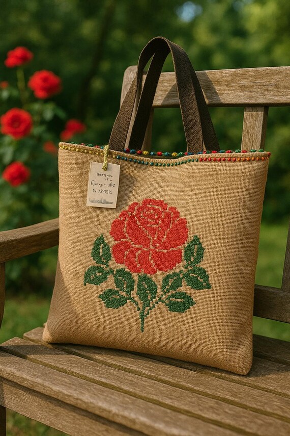 Hand Embroidered Red Rose Jute Tote Bag - Zero Waste - Etsy
