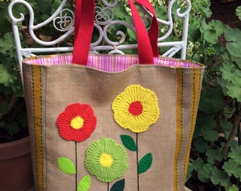 Jute tote bag, handmade, hand appliqued with floral pattern, shoppers,summer beach tote bag, boho style, PENTHIA