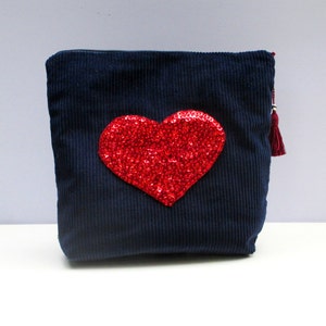 Blue corduroy pouch, hand embroidered with bead red heart, handmade valentines day LOVE gift, lavish pouch, FREYA image 5