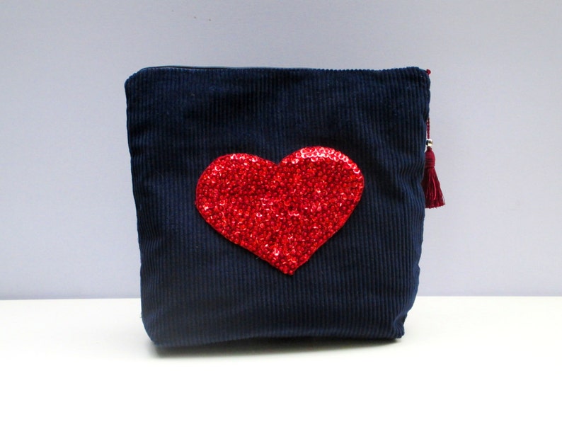 Blue corduroy pouch, hand embroidered with bead red heart, handmade valentines day LOVE gift, lavish pouch, FREYA image 5