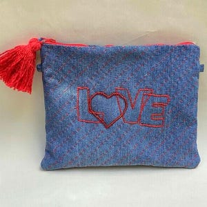 Unique Boho Denim Pouch,Hand Embroidered with Love+Upcycled,Double-Sided Beauty, sylish accessory