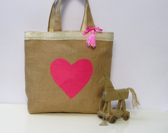Jute tote bag hand appliqued with pink heart, lace details, handmade shoppers/summer/beach bag, ready to ship, zero waste
