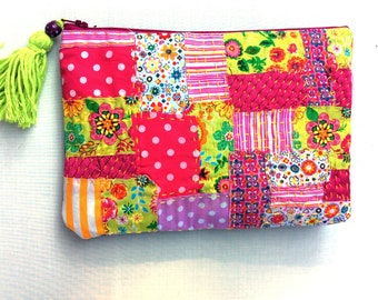 Boro pouch bag, handmade with recycled colorful fabric scraps, hand stitched,  sashiko patchwork accessories pouch